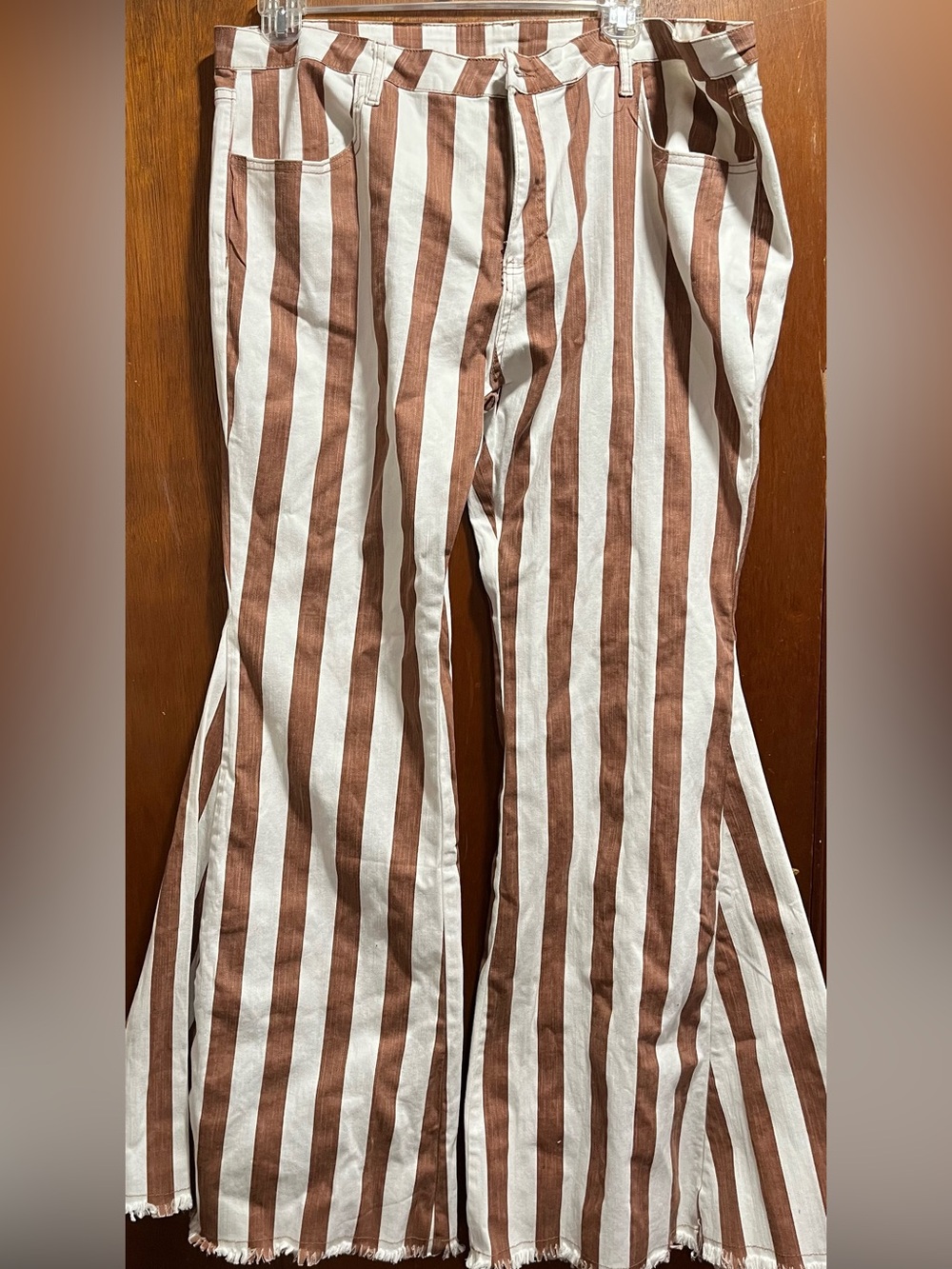 Saints & Hearts Striped High-Waist Flared Pants in White and Brown